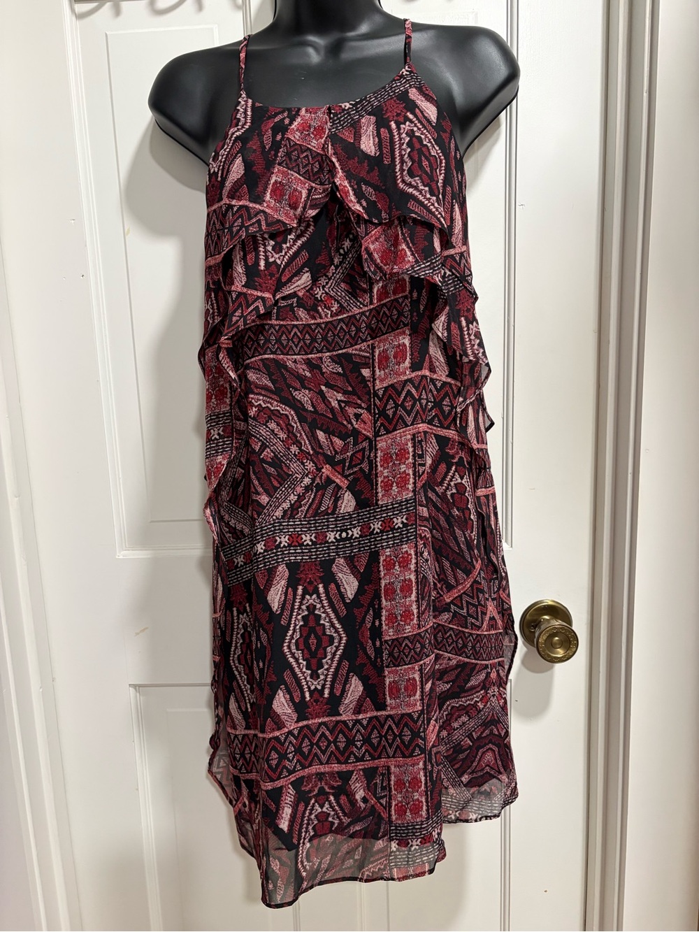 Sleeveless Red and Black Patterned Ruffle Summer Dress